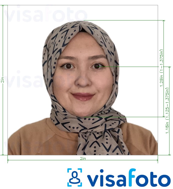 Voorbeeld van foto voor Afghaans visum 2x2 inch (uit de Verenigde Staten) met exacte maatspecificatie