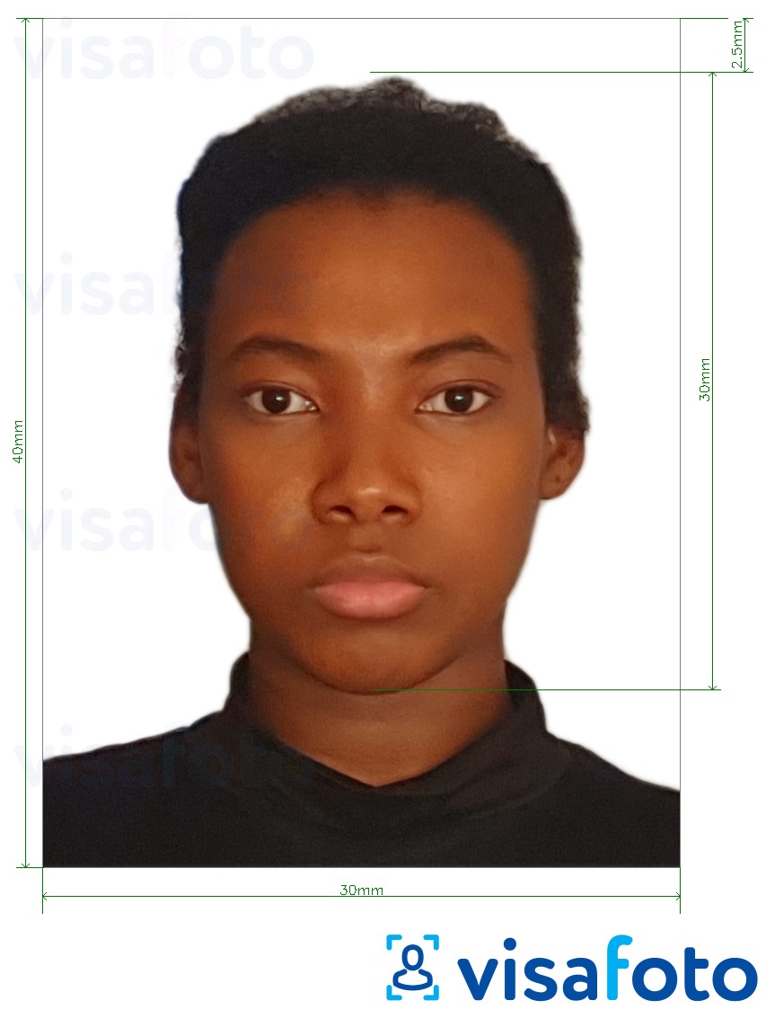 Example of photo for Angola visa 3x4 cm (30x40 mm) with exact size specification
