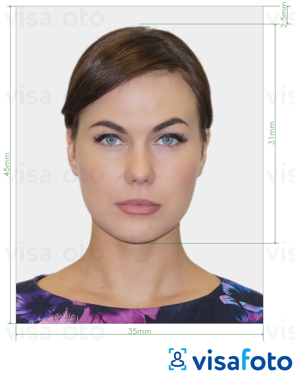 Example of photo for Belgium Visa 35x45 mm (3.5x4.5 cm) with exact size specification