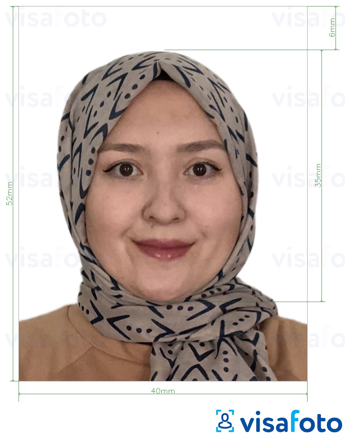 Exemplo de foto para Passaporte de Brunei 5,2x4 cm (52x40 mm) com especificação exata de dimensão
