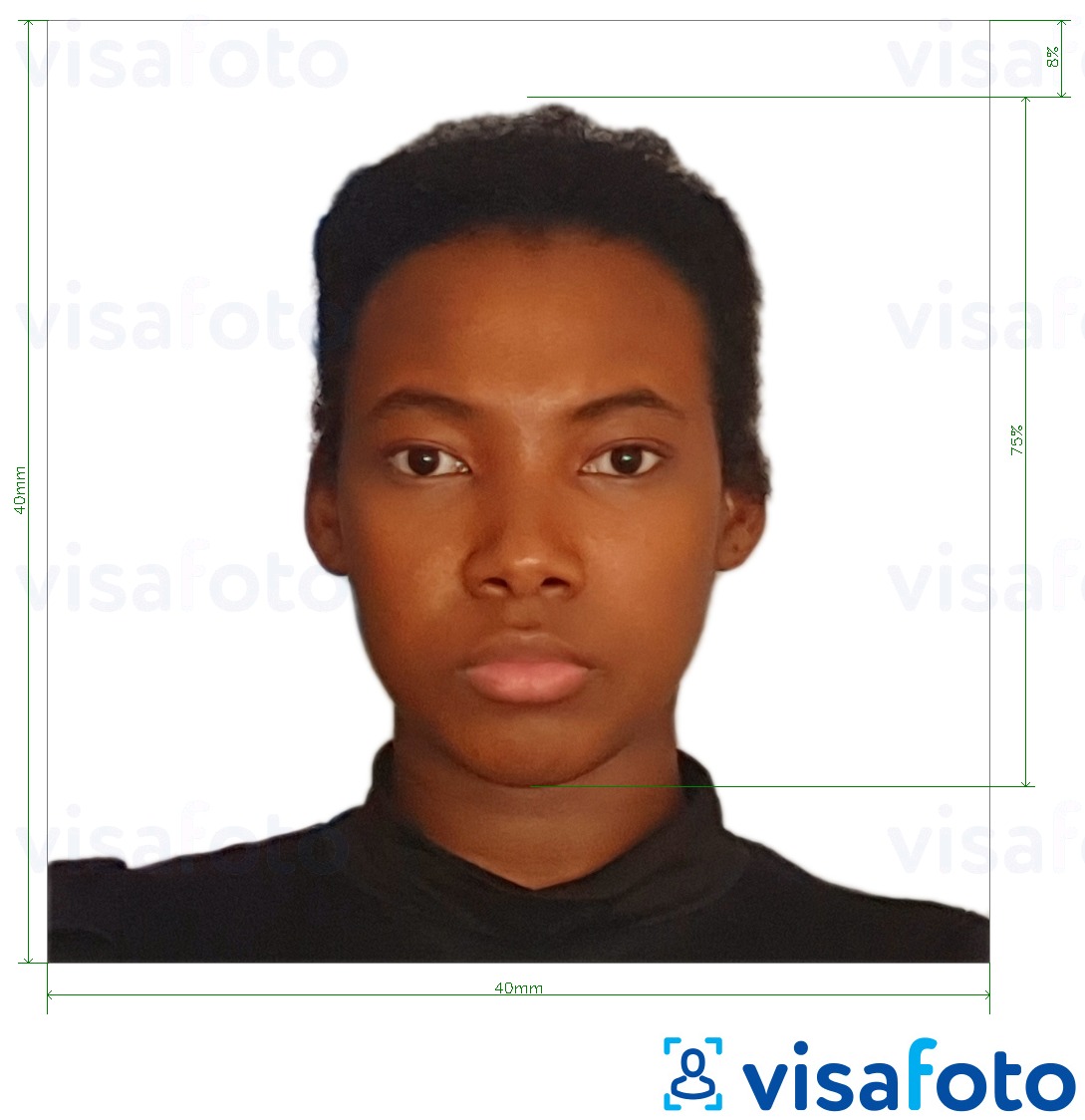 Παράδειγμα φωτογραφίας για Καμερούν visa 4x4 cm (40x40 mm) με ακριβείς προδιαγραφές μεγέθους