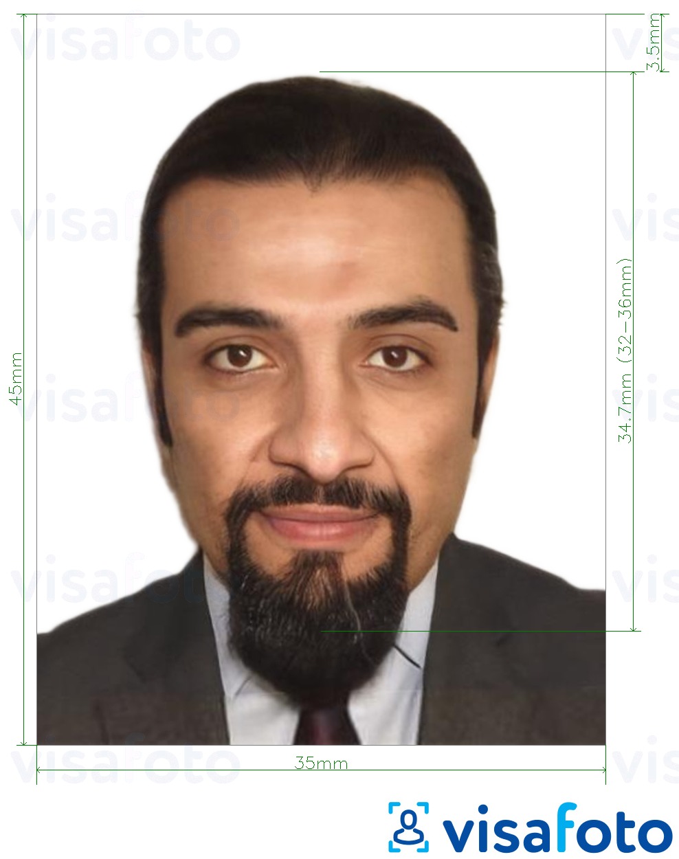Example of photo for Algerian work permit 35x45 mm (3.5x4.5 cm) with exact size specification