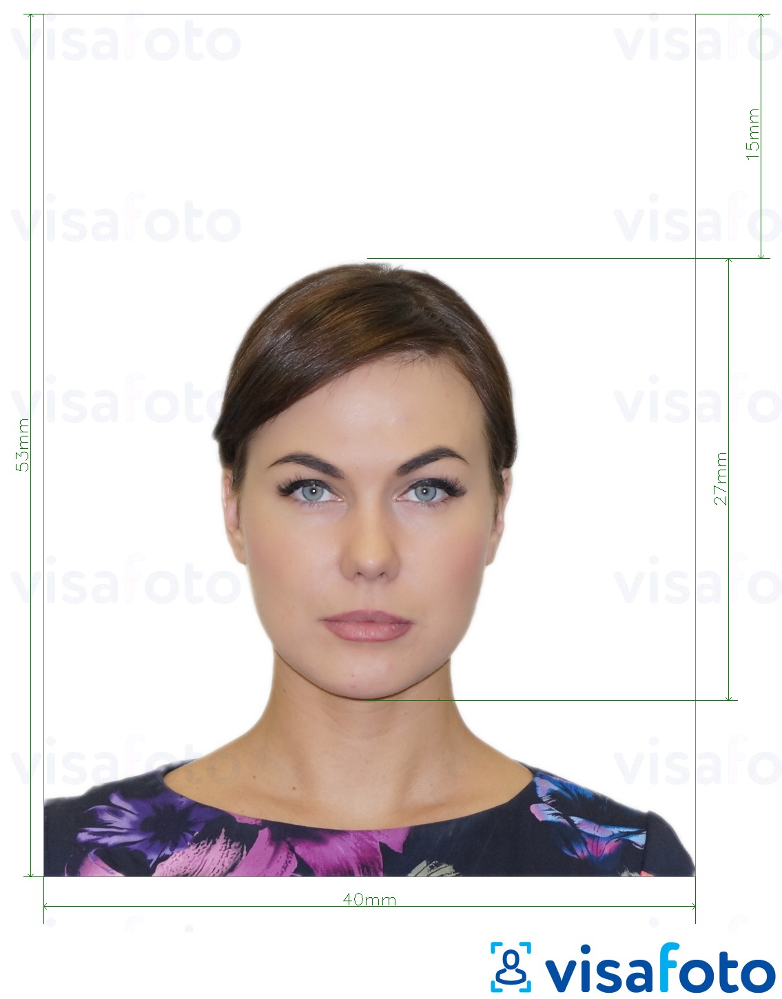 Example of photo for Spain Passport 40x53 mm with exact size specification