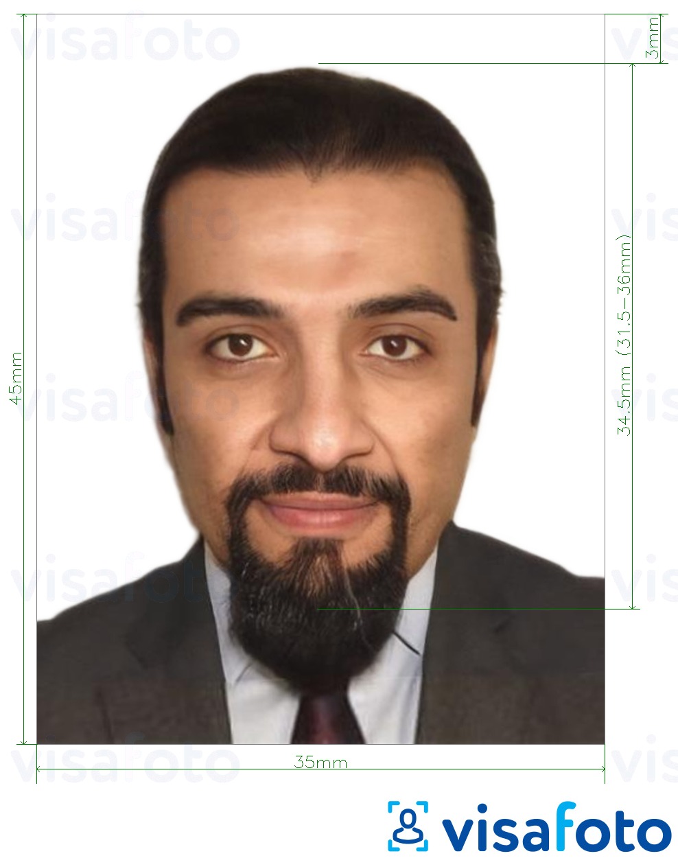 Voorbeeld van foto voor Ethiopië e-visa online 35x45 mm (3,5x4,5 cm) met exacte maatspecificatie