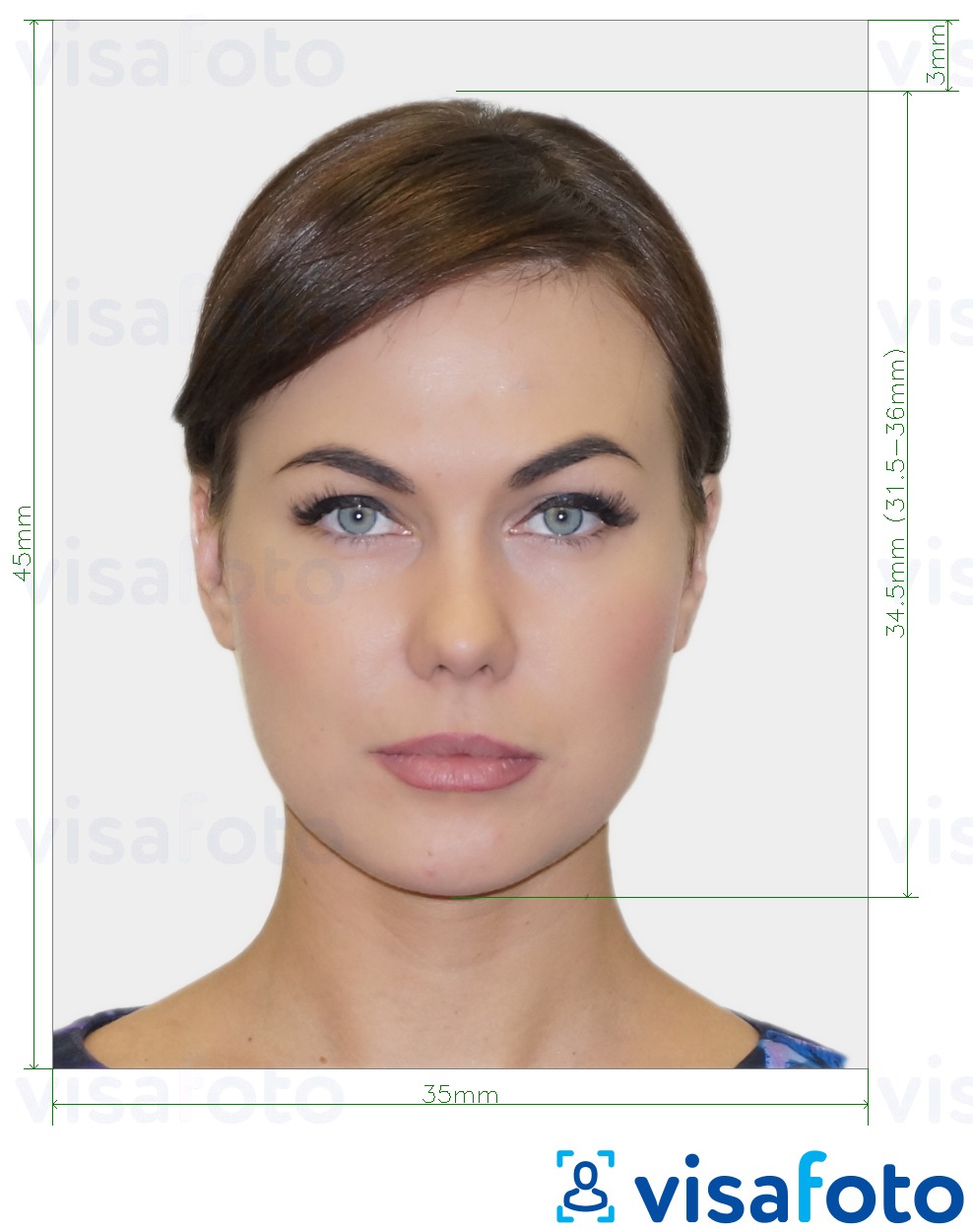 Example of photo for France Passport 35x45 mm (3.5x4.5 cm) with exact size specification