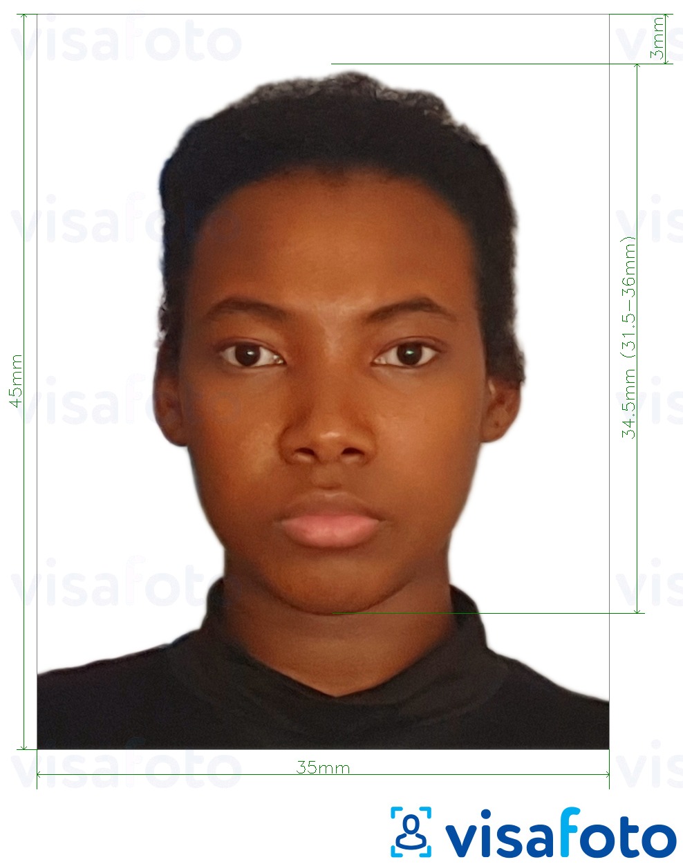 Example of photo for Guyana passport 45x35 mm (1.77 x 1.38 inch) with exact size specification