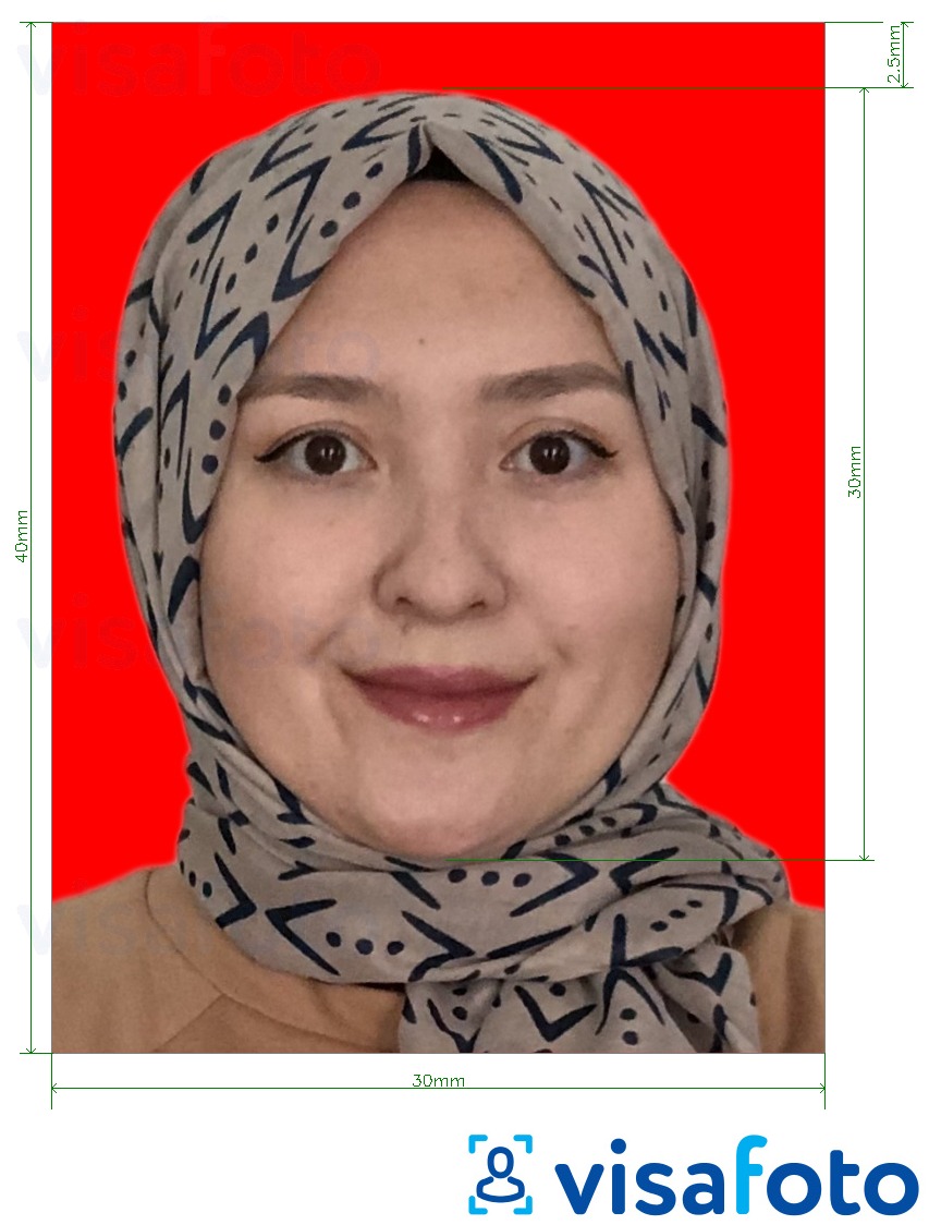 Example of photo for Indonesia visa 3x4 cm (30x40 mm) online red background with exact size specification