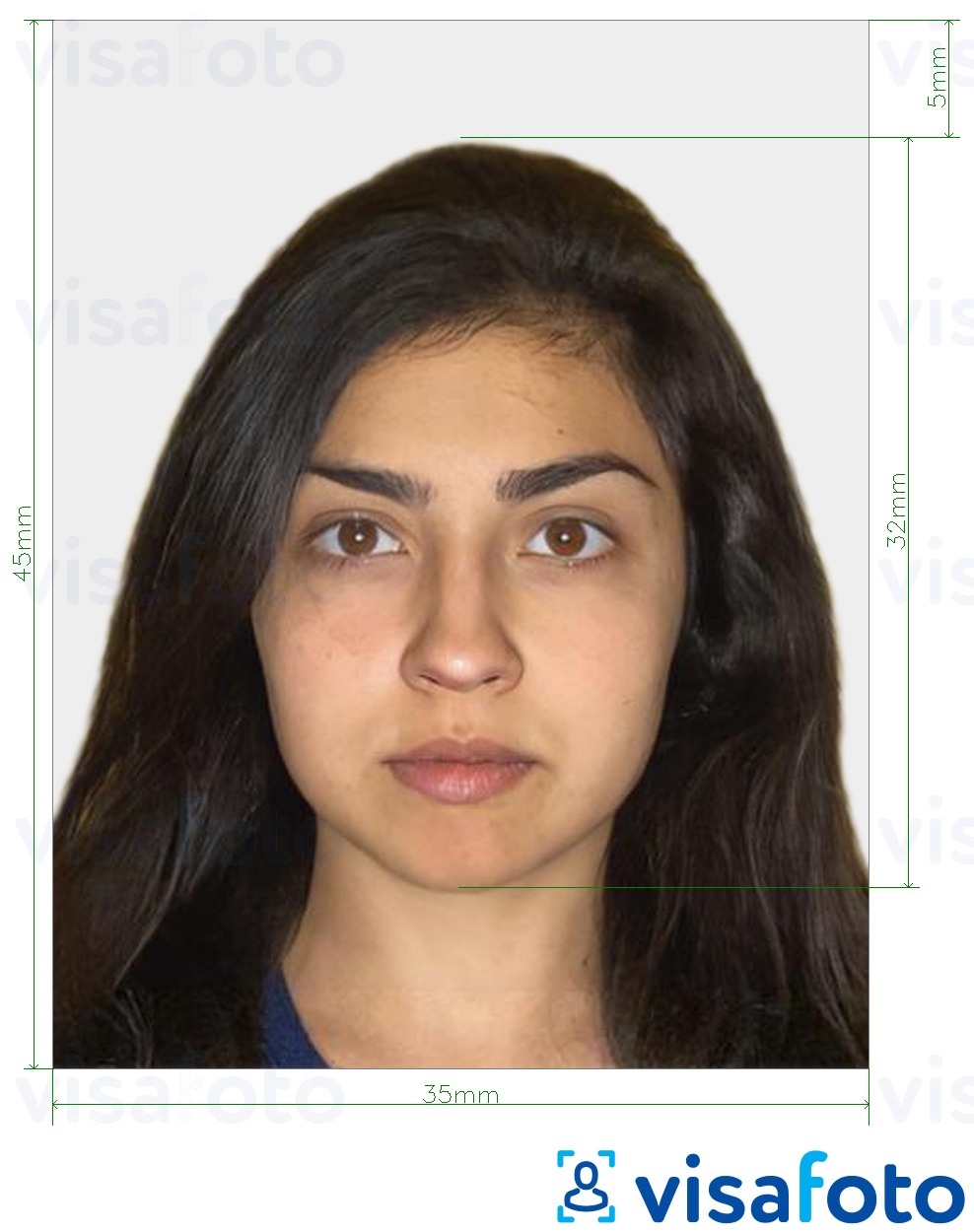 Example of photo for Israel Passport 35x45 mm (3.5x4.5 cm) with exact size specification