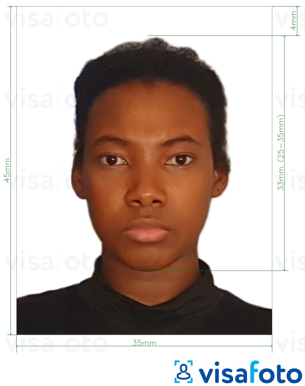 Example of photo for Jamaica passport 35x45 mm (3.5x4.5 cm) with exact size specification