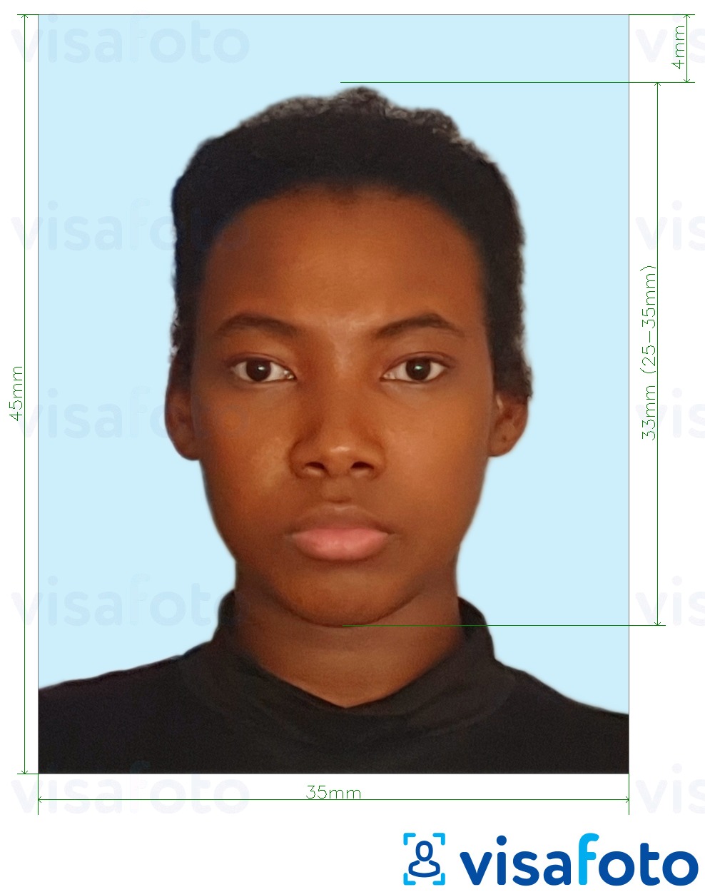 Example of photo for Jamaica passport 35x45 mm pale blue background with exact size specification