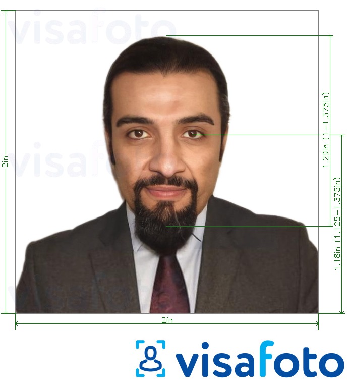 约旦护照距美国2x2英寸（51x51毫米） 的标准尺寸照片示例