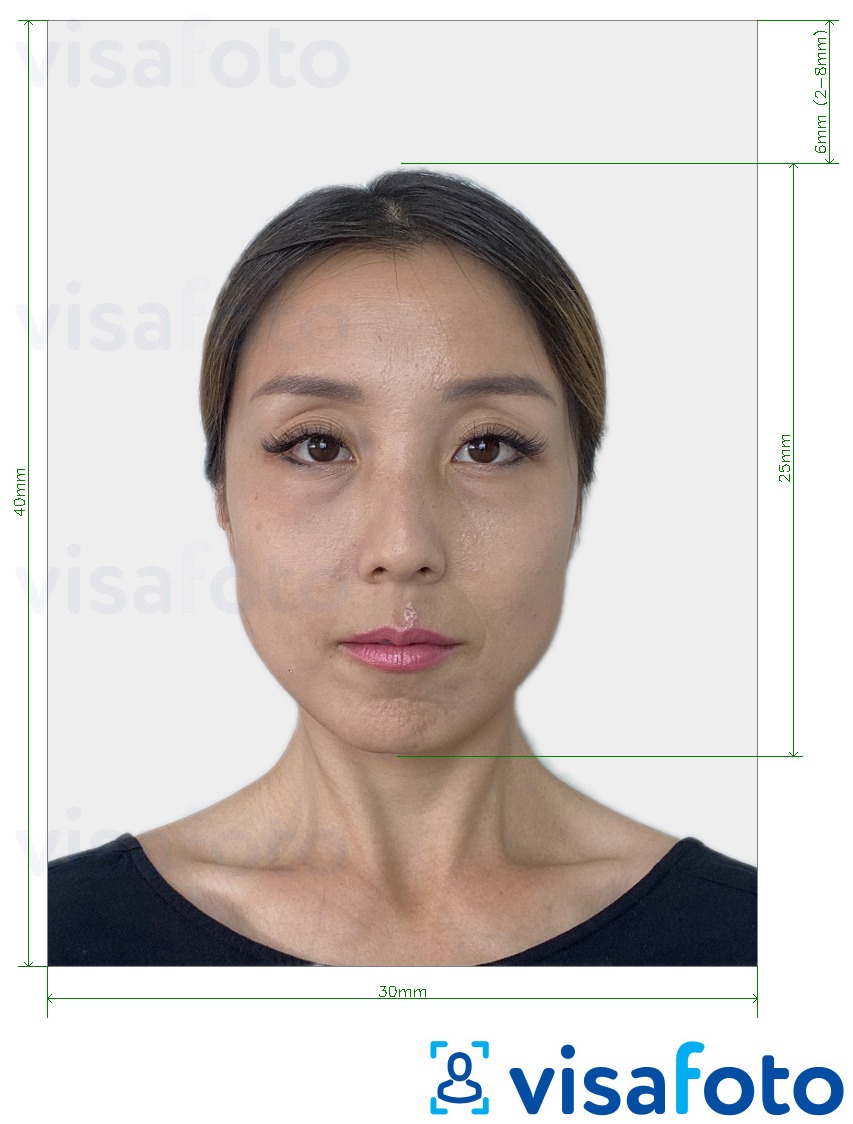 Example of photo for Japan Residence Card or Certificate of Eligibility 30x40 mm with exact size specification