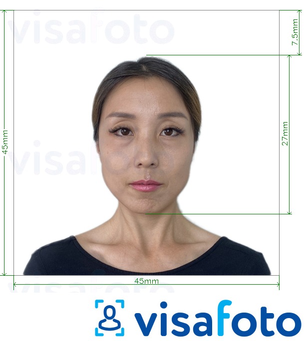 Example of photo for Japan Visa 45x45mm, head 27 mm with exact size specification