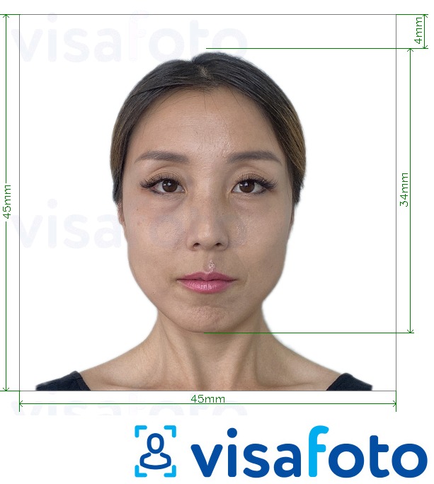 Образец фотографии для Япония виза (45x45мм, голова 34мм) с точными размерами