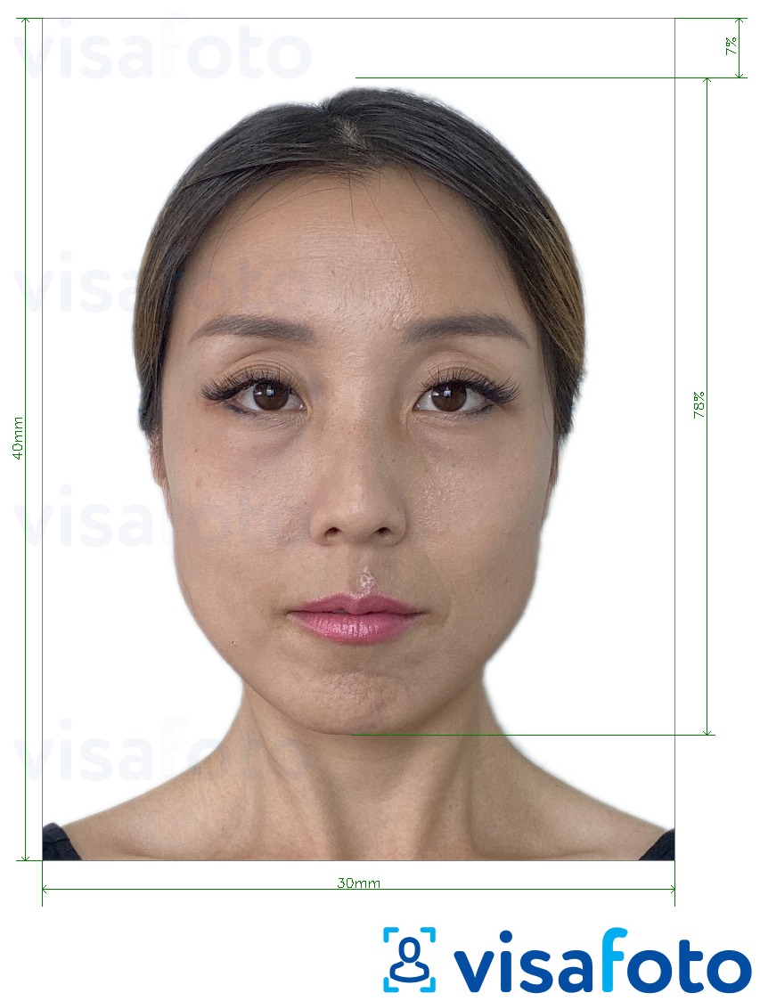 Example of photo for South Korea Alien Registration 3x4 cm (30x40 mm) with exact size specification