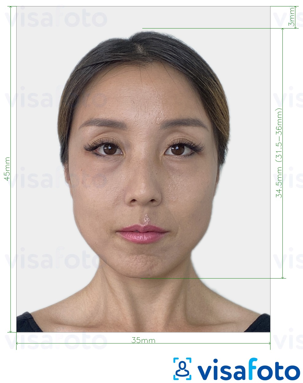 Ejemplo de foto para Pasaporte de Corea del Sur 35x45 mm (3.5x4.5 cm) con la especificación del tamaño exacto