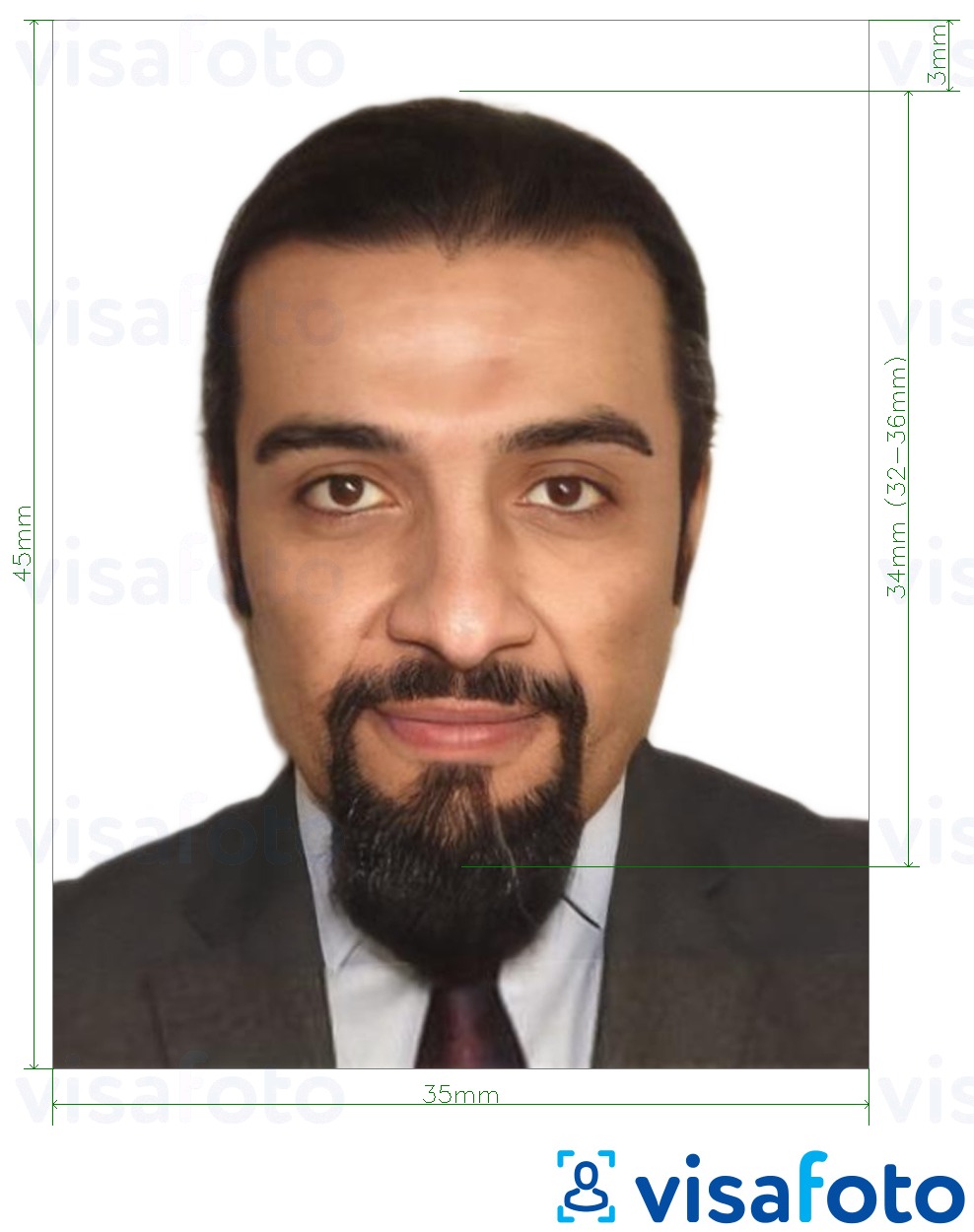 Example of photo for Lebanon passport 3.5x4.5 cm (35x45 mm) with exact size specification
