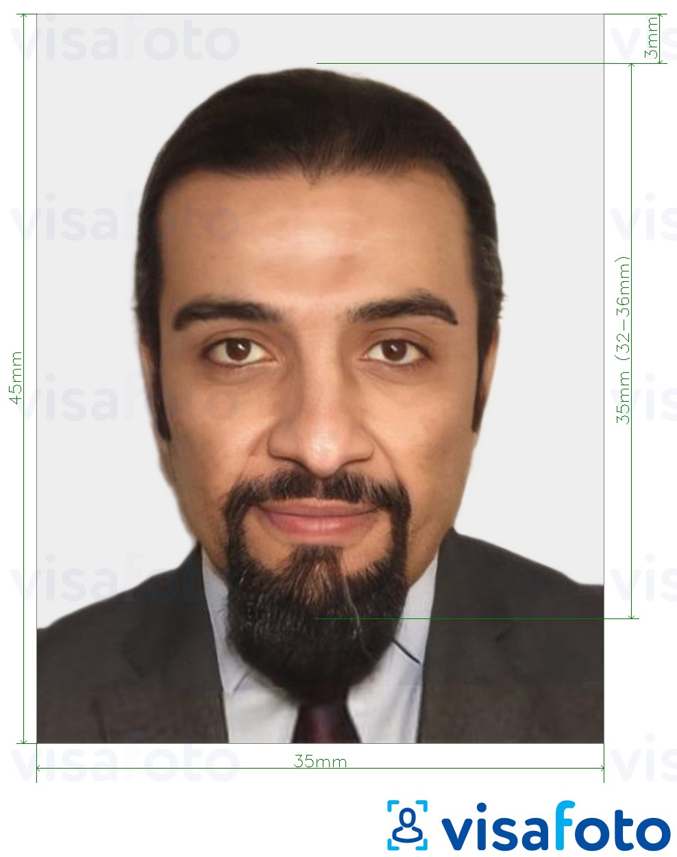 Example of photo for Morocco visa 35x45 mm (3.5x4.5 cm) with exact size specification