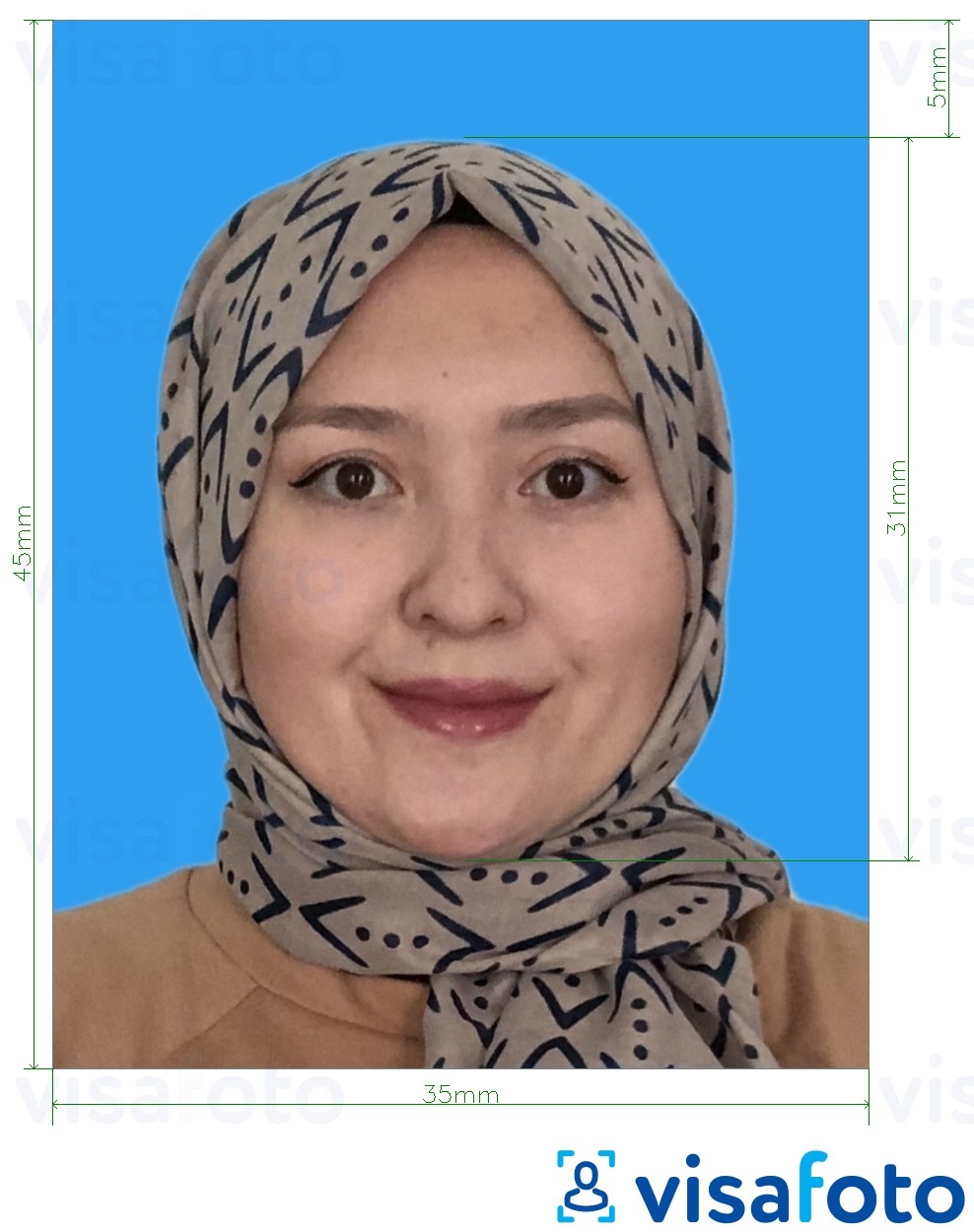 Exemplo de foto para Malásia Visa 35x45 mm fundo azul com especificação exata de dimensão