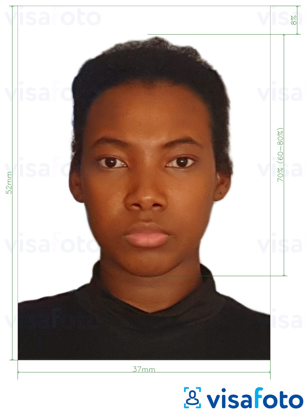 Voorbeeld van foto voor Namibië visum 37x52mm (3,7x5,2 cm) met exacte maatspecificatie