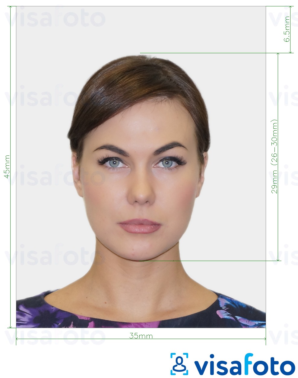 Example of photo for Netherlands Passport 35x45 mm (3.5x4.5 cm) with exact size specification