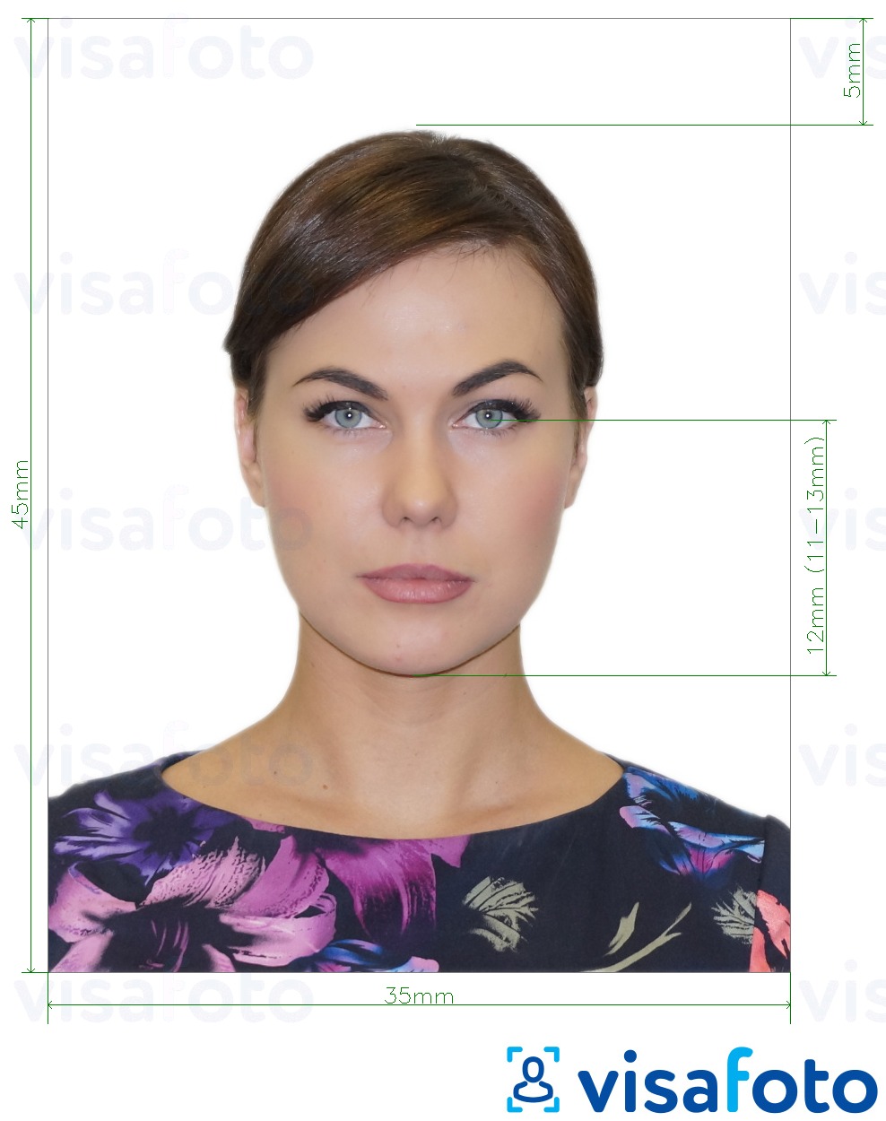 Example of photo for Russia Passport (eyes to bottom of chin 12 mm), 35x45 mm with exact size specification