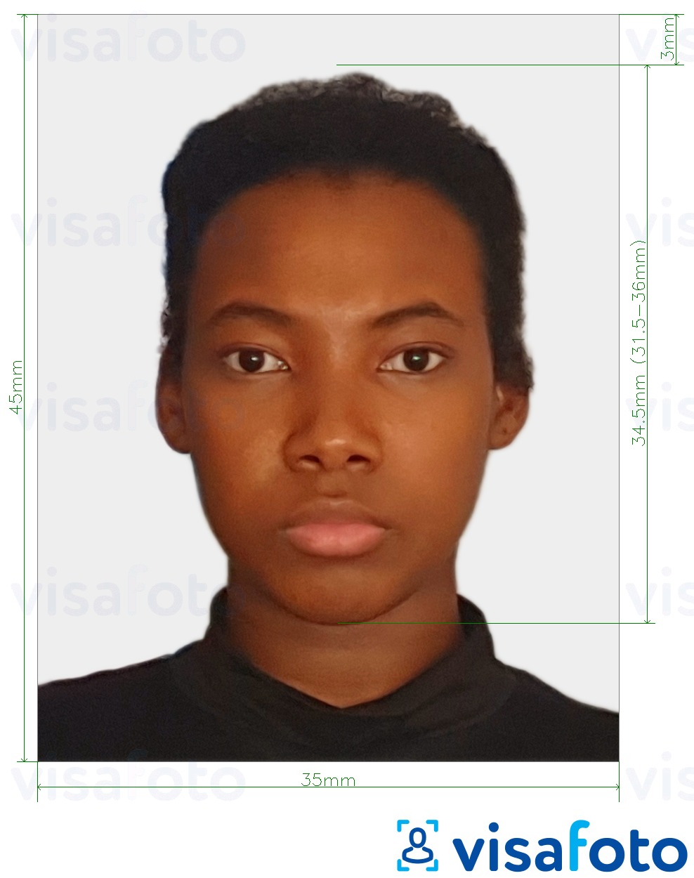 Exemplo de foto para Passaporte do Suriname 45x35 mm (1,77x1,37 pol.) com especificação exata de dimensão