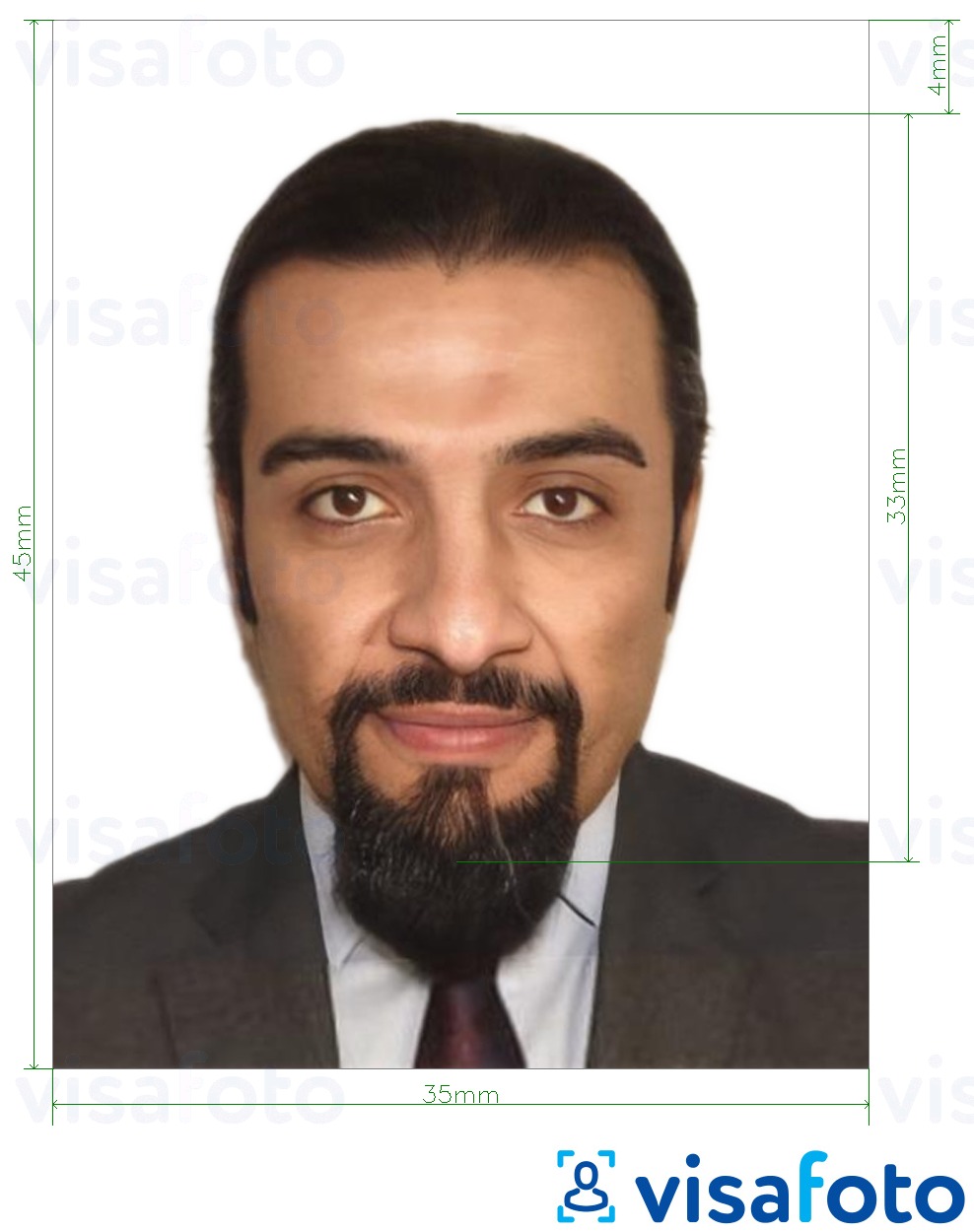 Example of photo for Tunisia passport 3.5x4.5 cm (35x45 mm) with exact size specification