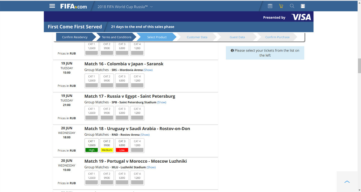 Game selection on buying World Cup in Russia tickets
