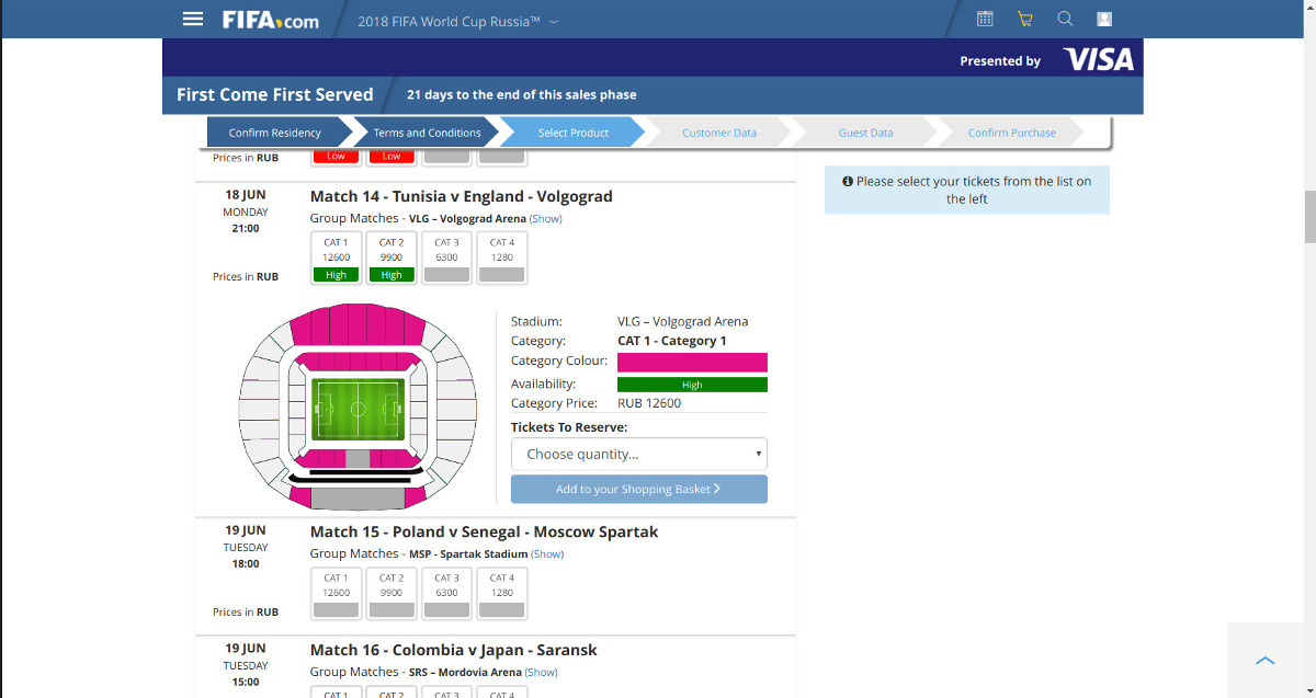 Selecting places on a football game at World Cup in Russia 2018