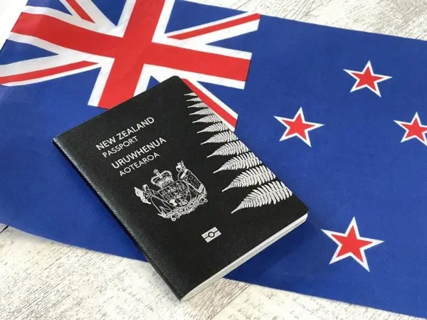 New Zealand passport on New Zealand flag