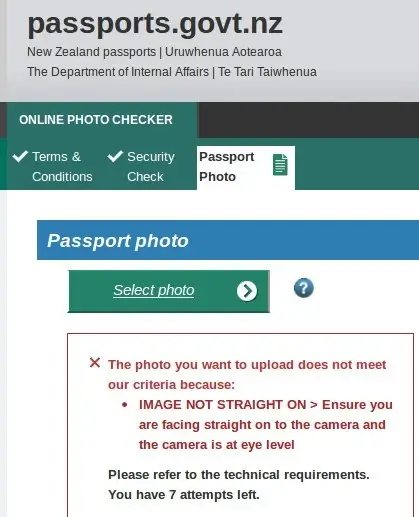 NZ passport photo upload error screenshot