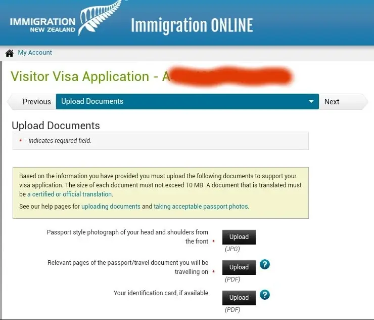 New Zealand visa photo application screen