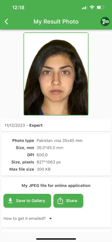 7ID App: Pakistan Visa Photo Example