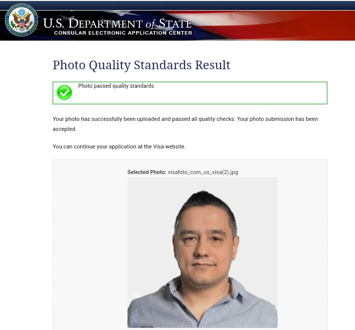US visa photo upload success screen