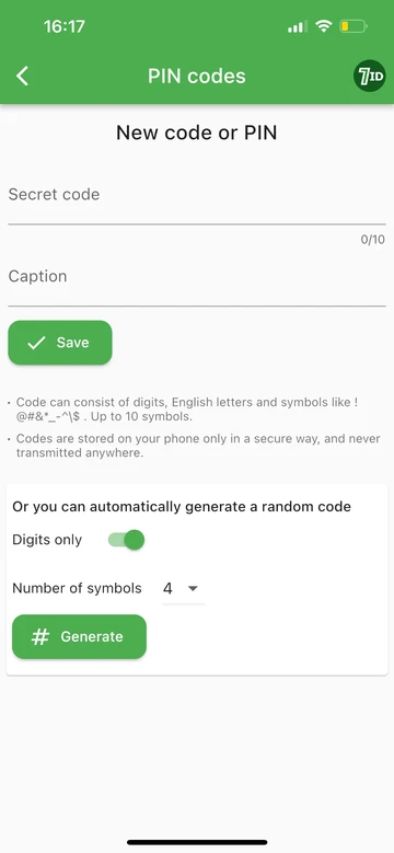 7ID: Générer un code PIN ou un code