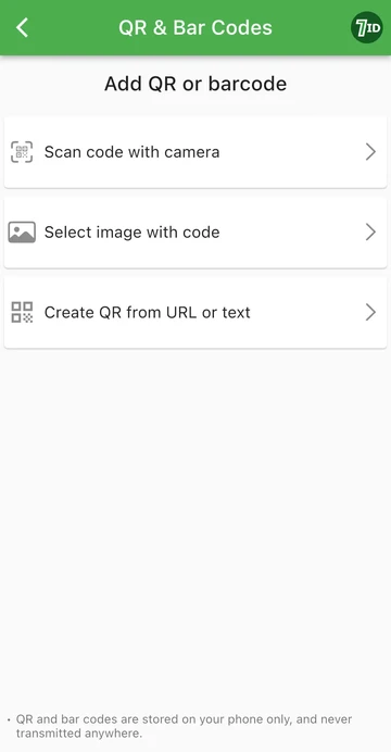7ID 앱: QR 또는 바코드 추가