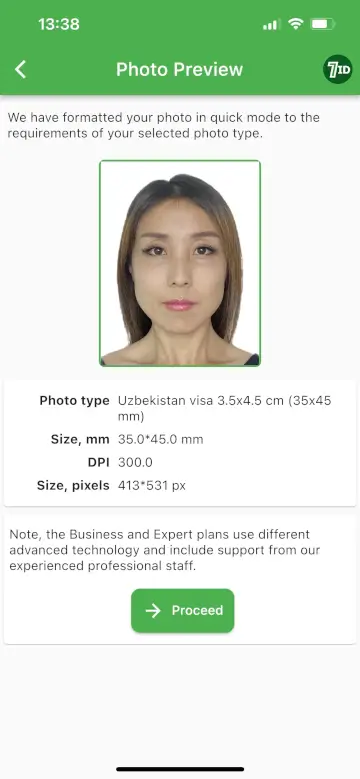 7ID lietotne: Uzbekistānas vīzas fotoattēla piemērs