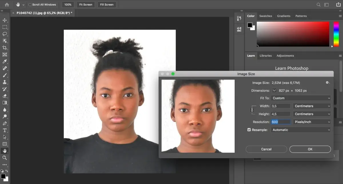 Cropping a South Africa passport photo at Photoshop
