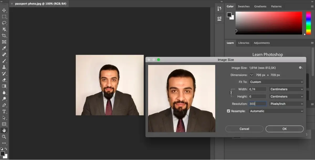 Cropping a 4x6 cm passport photo at Photoshop