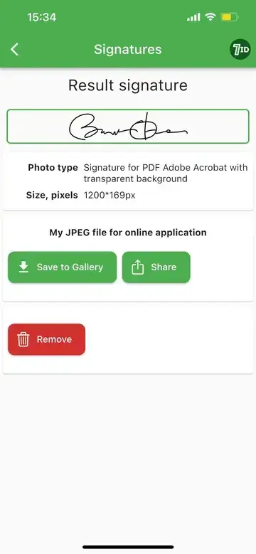 7ID App: E-signature result