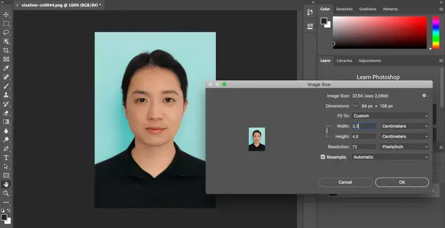 Cropping a Chinese passport photo at Photoshop