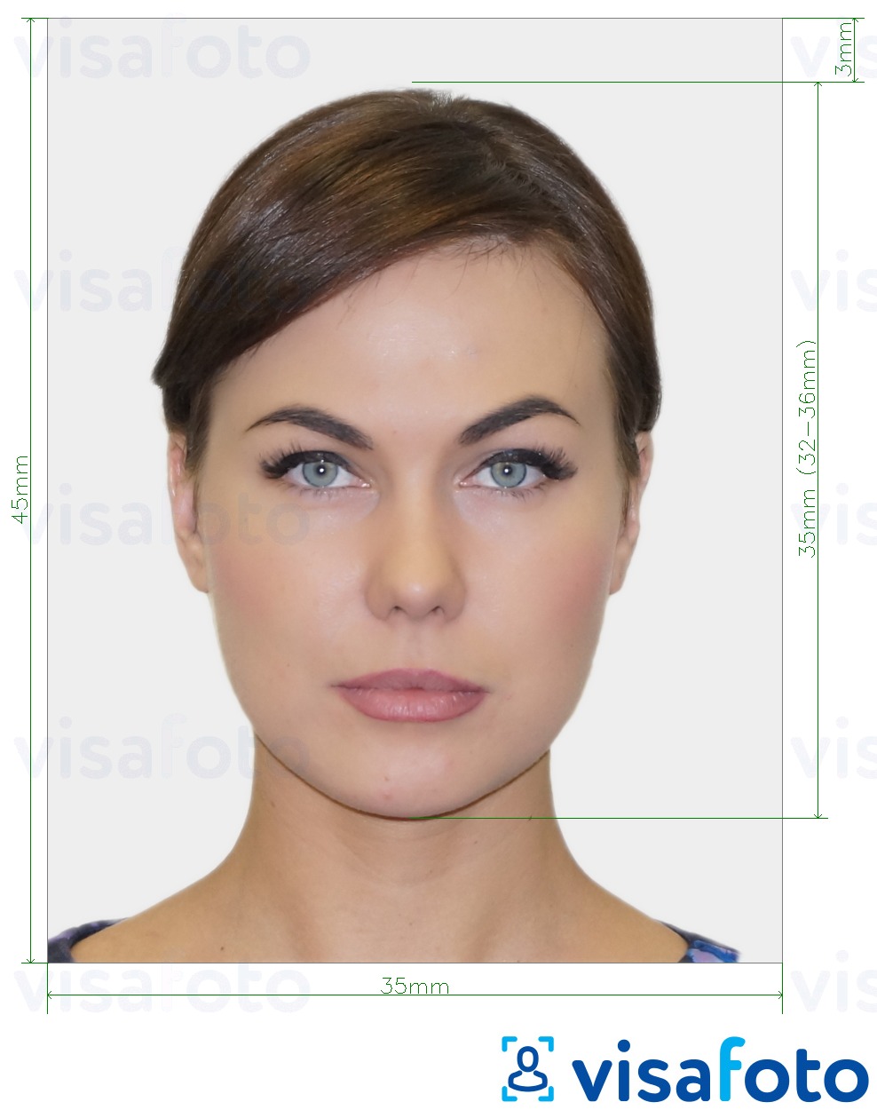 ตัวอย่างภาพถ่ายสำหรับ ออสเตรเลีย Passport 35x45 มม. (3.5x4.5 ซม.) ด้วยข้อกำหนดเกี่ยวกับขนาดที่แน่นอน