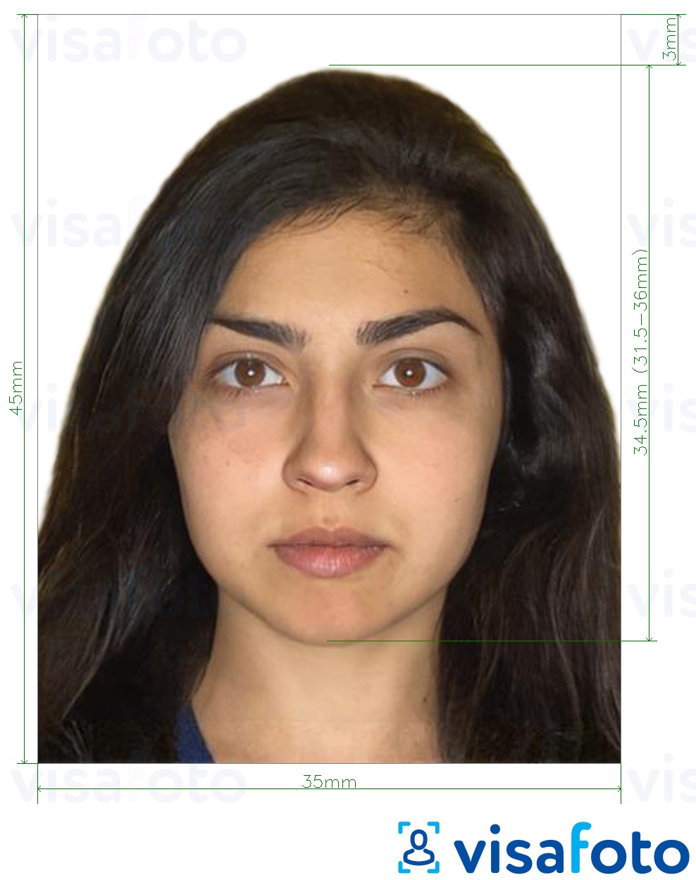 Ejemplo de foto para Bangladesh e-visa 45x35 mm con la especificación del tamaño exacto