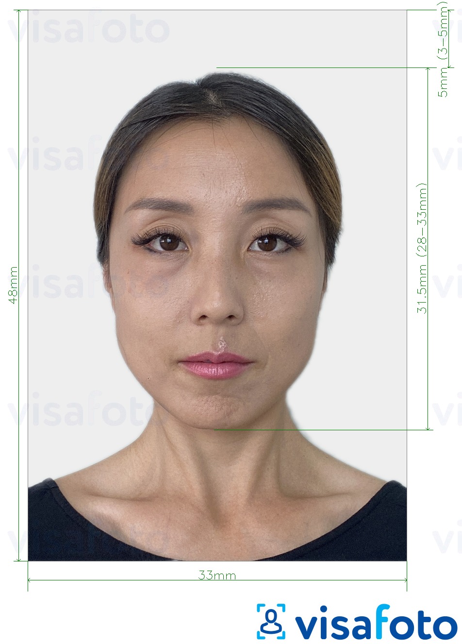 Example of photo for China Passport 33x48 mm light grey background with exact size specification