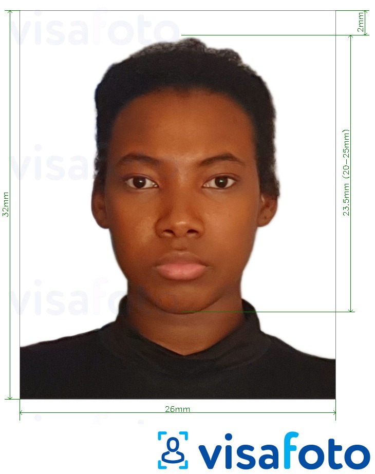 Exemplo de foto para Passaporte da Guiana 32x26 mm (1,26x1,02 pol.) com especificação exata de dimensão