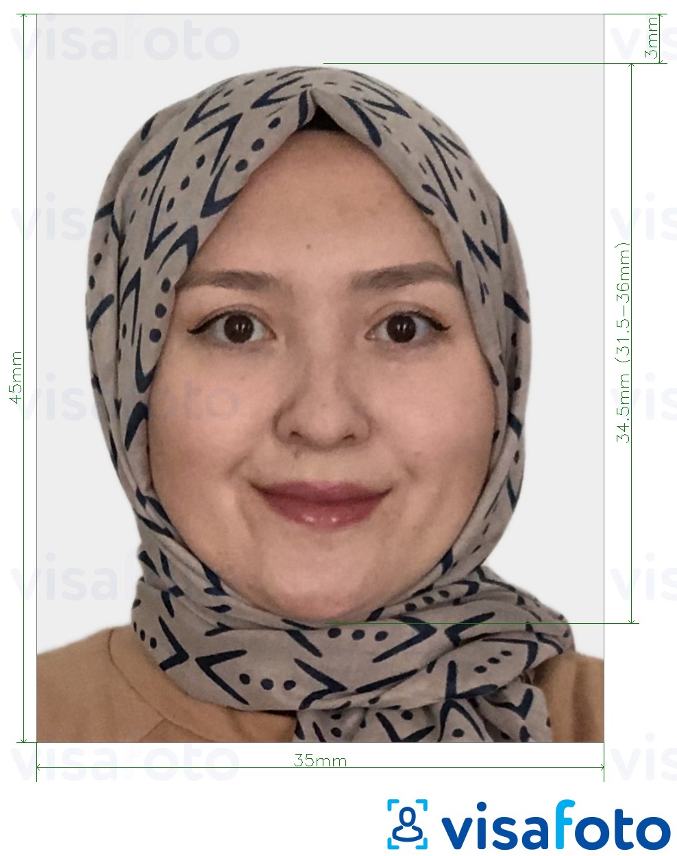 Example of photo for Kyrgyzstan visa 35x45 mm (3.5x4.5 cm) with exact size specification