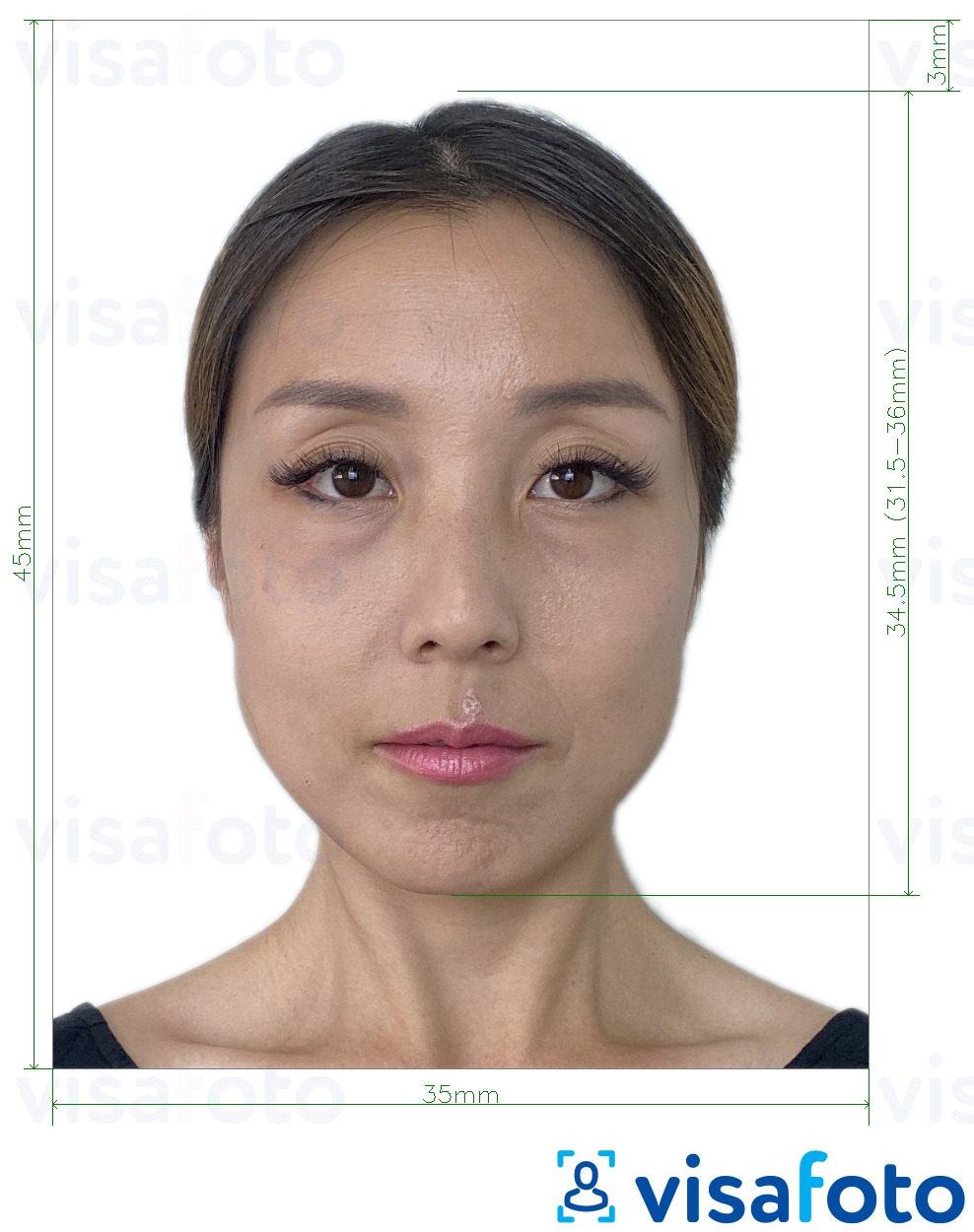Example of photo for South Korea registration card 35x45 mm with exact size specification