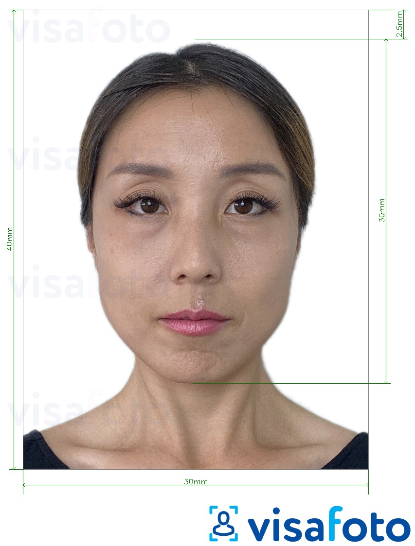 Example of photo for Mongolia residence permit 3x4 cm (30x40 mm) with exact size specification