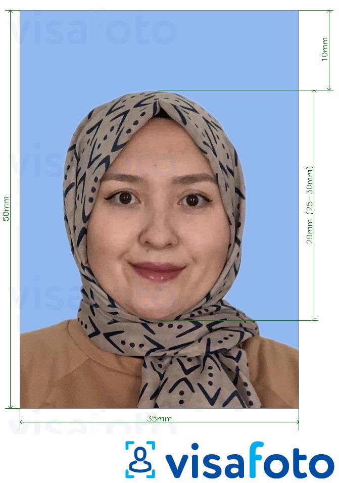 Example of photo for Malaysia work permit 35x50 mm with exact size specification
